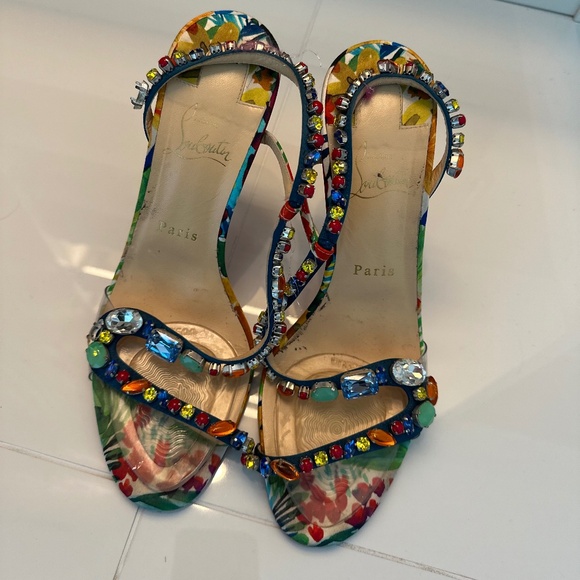 CHRISTIAN LOUBOUTIN  Crepe Satin Rosapetra 100 Sandals 38 Ludwig Multi Sold Out - Picture 1 of 6